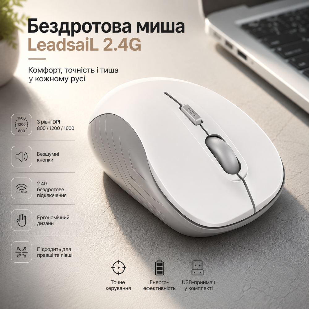 Бездротова миша LeadsaiL 2.4G: Ергономічна, безшумна, 1600 DPI — ідеальна для правші та лівші Київ - фото 7