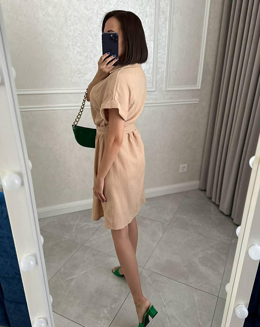 Женское легкое базовое платье халат с поясом на пуговицах турецкий натуральный хлопок - муслин 48/50, Бежевый Одесса - изображение 3