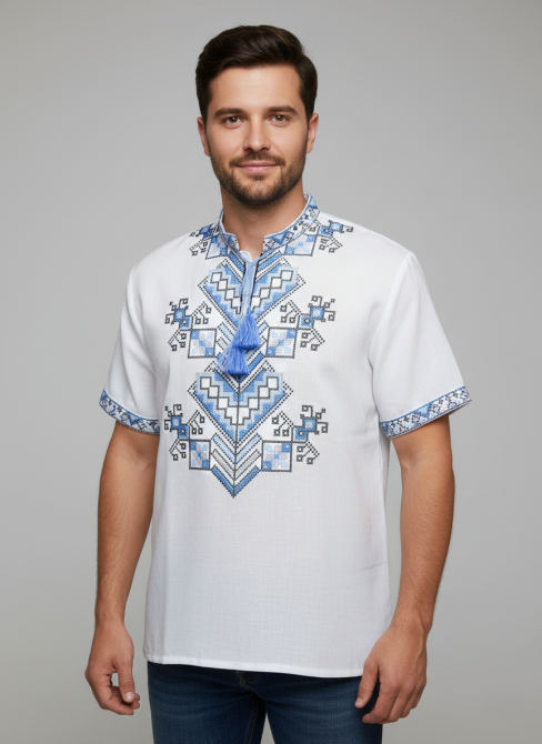 Чоловіча вишиванка на домотканому полотні короткий рукав з голубим орнаментом Київ - фото 1
