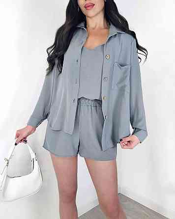 Жіночий легкий костюм-трійка: сорочка, майка та шорти креп жатка Сірий, 42/44 Одеса