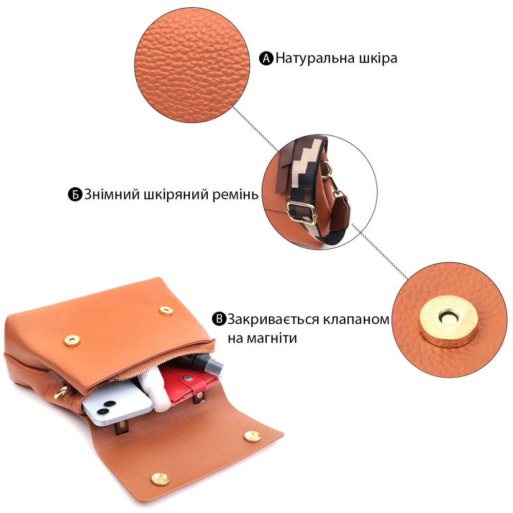 Элегантная сумка для женщин с короткой ручкой из натуральной кожи Vintage 22669 Рыжая Киев - изображение 4