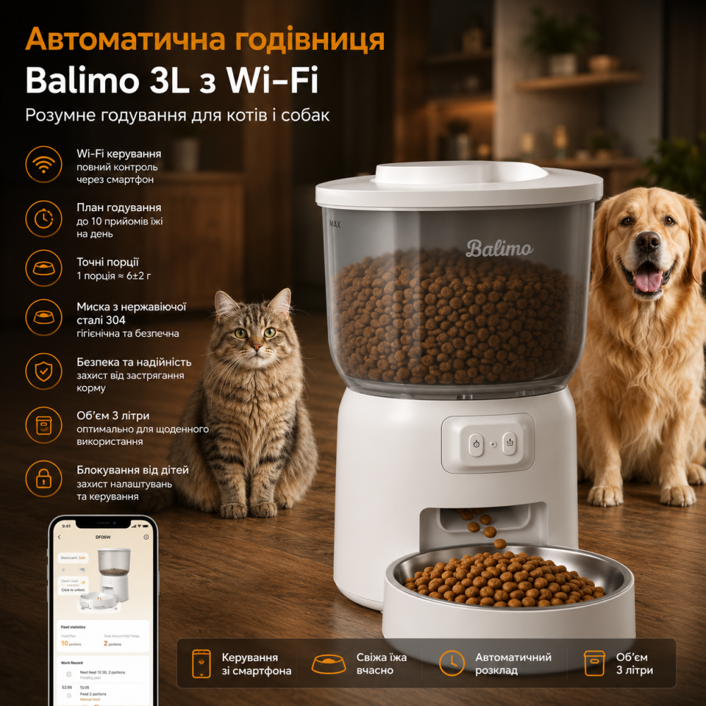 Автоматическая кормушка Balimo 3л с Wi-Fi: Умный дозатор корма для котов и собак, управление со смартфона, миска из нержавеющей Киев - изображение 10