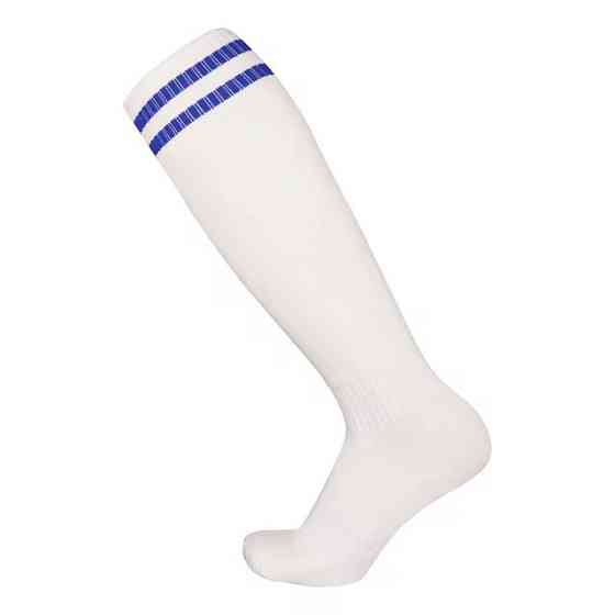 Гетры футбольные с полотенечной тканью на подошве белые с синими полосками CZST-314, размер L Каменец-Подольский