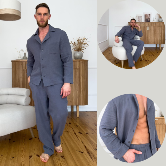 Мужская пижама муслиновая рубашка и штаны хлопок 100% COSY Estet Темно-серая 2XL Одесса
