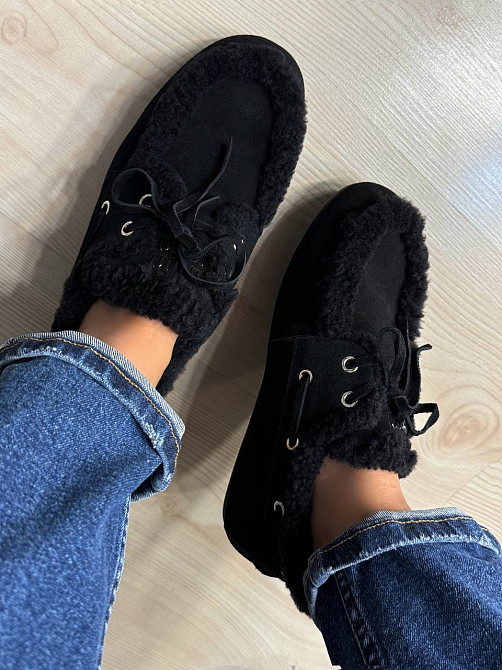 Ботинки женские Hengji 992-1 замшевые мокасины на меху с опушкой черные, 39, 25 см Киев - изображение 6