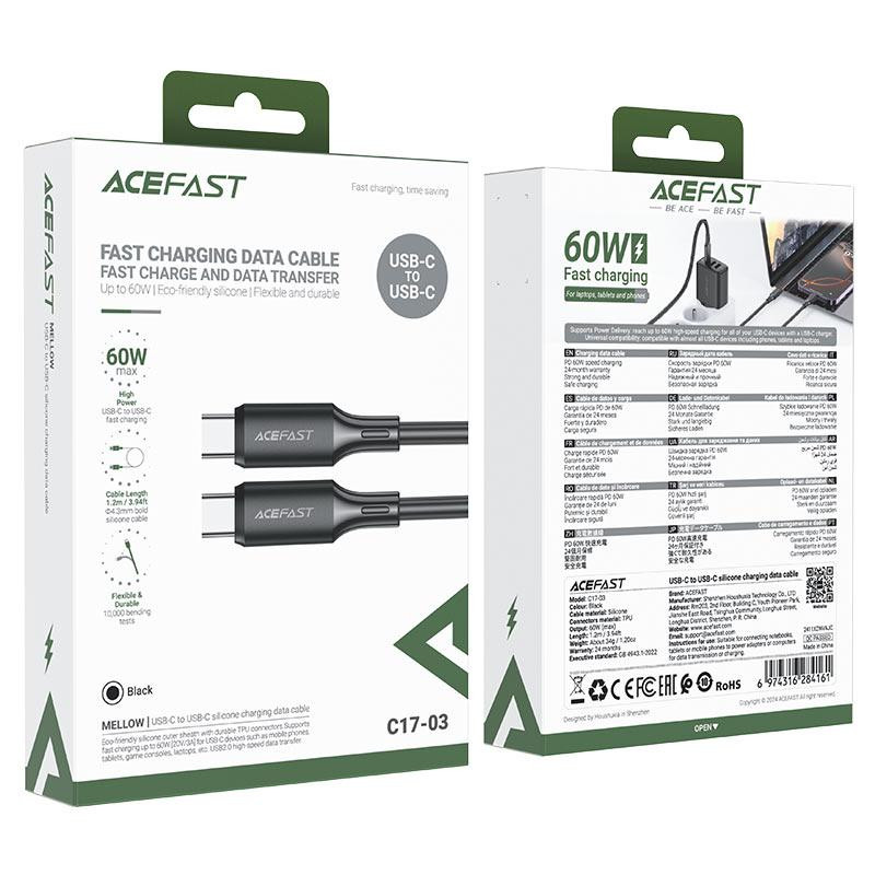 Кабель ACEFAST C17-03 USB-C to USB-C silicone charging data cable Black Одесса - изображение 2