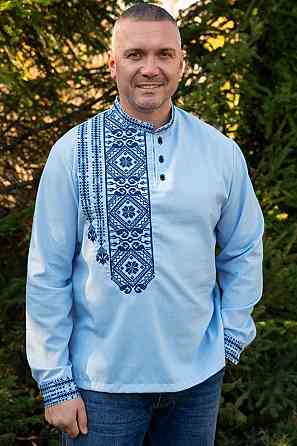 Вышиванка мужская, голубая, льняная топ 46 Киев