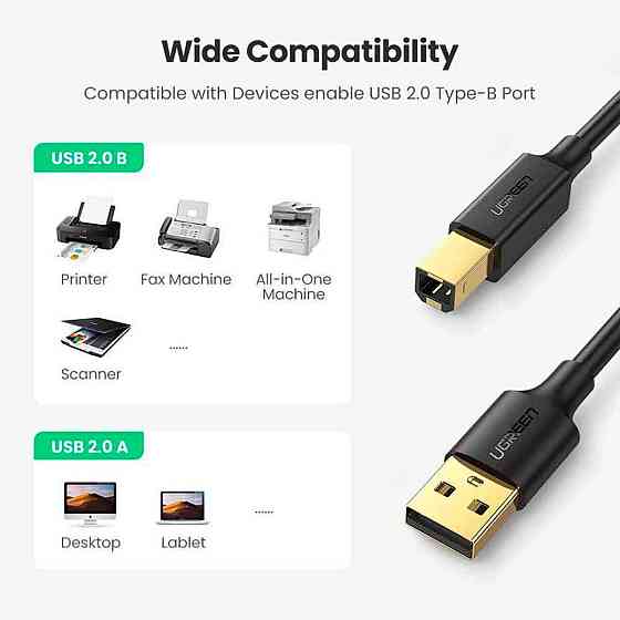 Кабель UGREEN US135 USB 2.0 AM to BM Print Cable 1m (Black) UGR-20846 Одеса