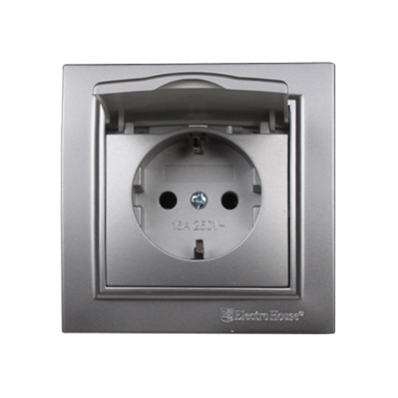 Розетка с заземлением с крышкой, влагозащищенная 16А, Enzo серебряный камень Днепр - изображение 1