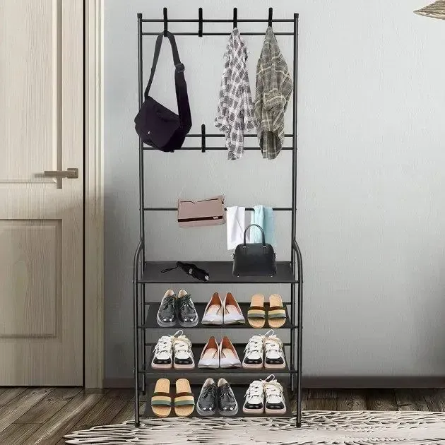 Железная вешалка для одежды + подставка для обуви, 2 в одном, 4 полки "Multi-functional shoe and hat rack" Черная Коломия - фото 3