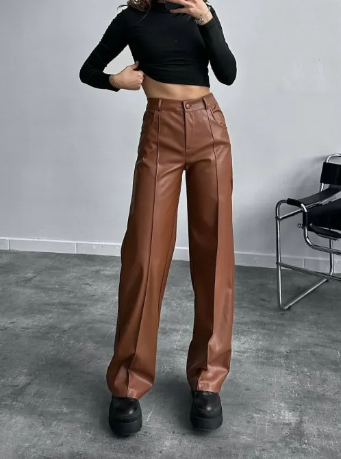 Прямые женские эко-кожаные брюки с флисом и стрелами Харьков - изображение 3