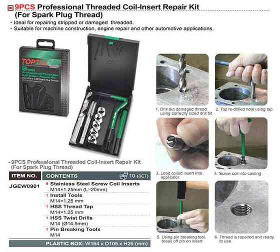Набір для відновлення різьби свічкових отворів TOPTUL М14х1,25 JGEW0901 Одеса