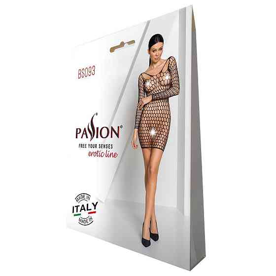Бодістокінг-сукня з глибоким коміром Passion BS093 black, довгі рукави Sex Aura Київ