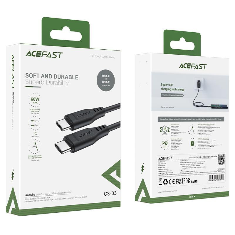 Кабель ACEFAST C3-03 Type-C to Type-C 3A, 60W, 1.2m, TPE, TPE connectors, Black Киев - изображение 2