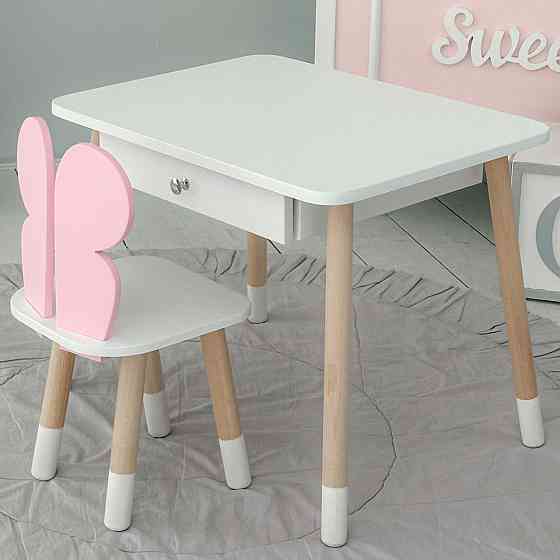 Дитячий білий столик з шухлядою  і стільчик метелик рожевий 34961 Київ