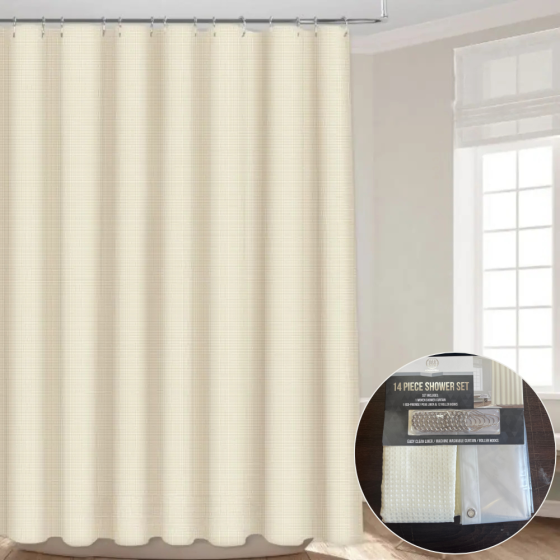 Набор шторка для ванной и душа 178x183 см,двойная штора с подкладкой для ванной с крючками,бежевая с узором Каменец-Подольский