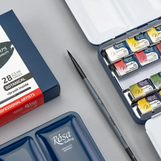 Набір акварельних фарб з пензлем BOTANICAL 28×2,5мл кювета Індіго металевий пенал ROSA Gallery Київ