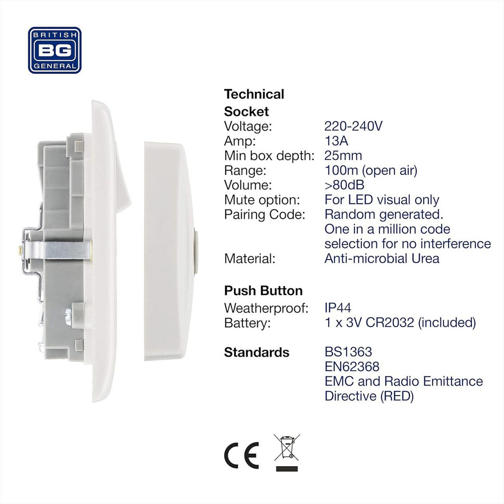 Бездротовий дверний дзвінок BG Electrical 822BELL IP44 з кнопкою, 6 мелодій, 100 м, LED-індикатор, подвійна розетка Київ - фото 3