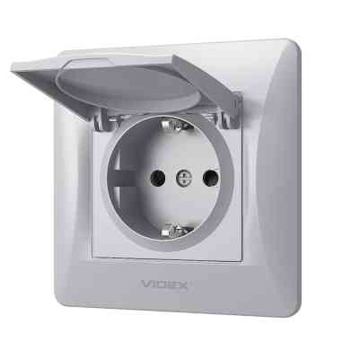 Розетка Videx BINERA 1ая із заземленням і кришкою сріб (VF-BNSK1GС-SS) Вінниця