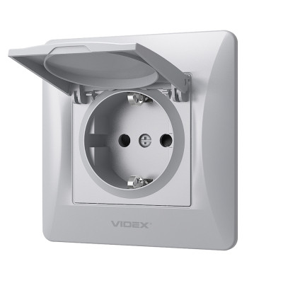 Розетка Videx BINERA 1ая із заземленням і кришкою сріб (VF-BNSK1GС-SS) Вінниця - фото 2