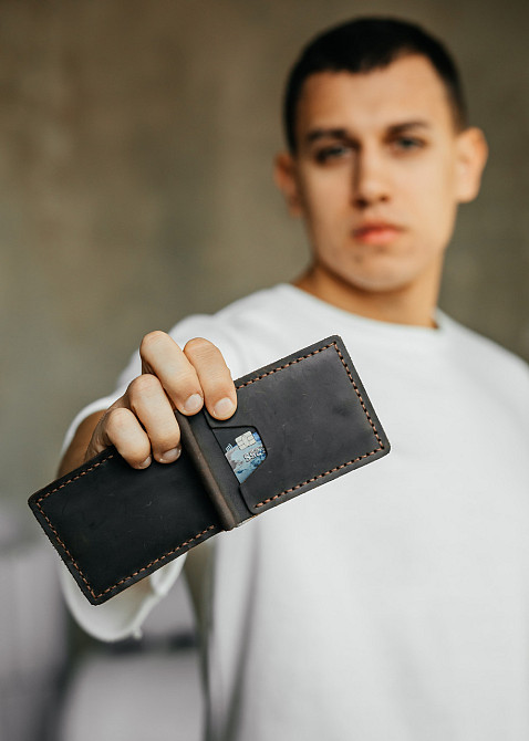 Чоловічий гаманець із натуральної шкіри, чорний місткий гаманець, чоловічий на кнопці гаманець із Crazy HorseMasterSem Київ - фото 4