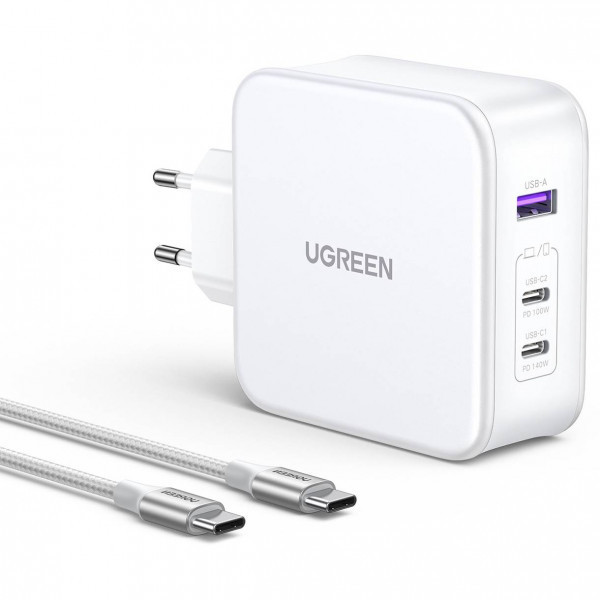 Зарядний пристрій 3xUSB 140W GaN (2хUSB-C+USB-A) CD289 with C to C Cable 1.5 м White Ugreen (15339) Киев - изображение 2