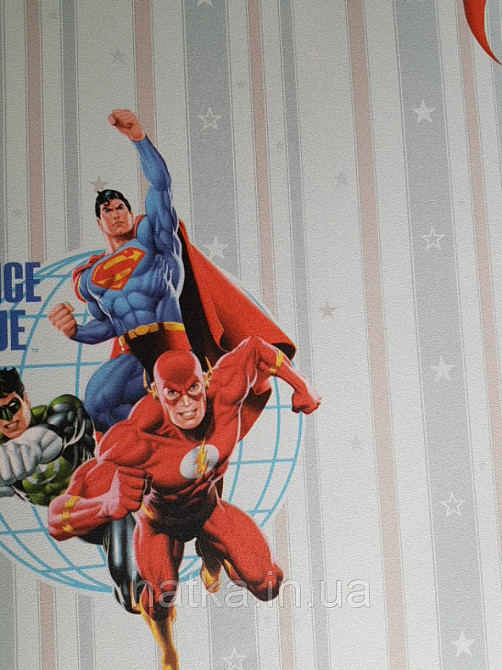 Шпалери вінілові на флізеліні AdaWall Ada Kids метрові дитячі супермен смуги зірки блакитні Київ - фото 1