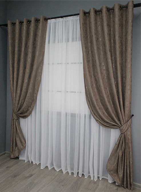 Комплект штор на люверсах VR-Textil Льон мармур Pavliani № 1372ш 150х250 см 2 шт Какао (37-0053) Київ - фото 3