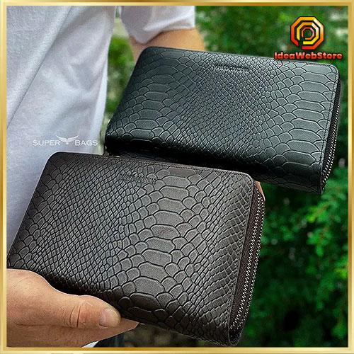 Місткий чоловічий клатч на два відділення з натуральної шкіри з тисненням під рептилію MC Коричневий Зелений Київ - фото 1