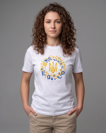 Жіноча футболка біла жіноча вишита гладдю з великим трезубцем і блакитно-жовтим віночком 3XL Київ