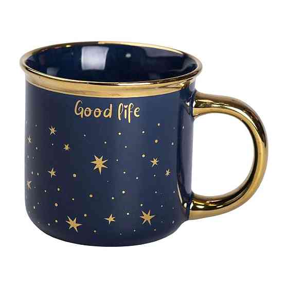 Синяя фарфоровая чашка с золотым ободком и ручкой Киев