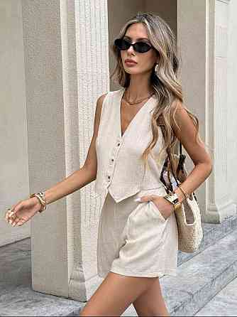 Женский базовый летний костюм двойка: жилет и шорты лен жатка Одесса