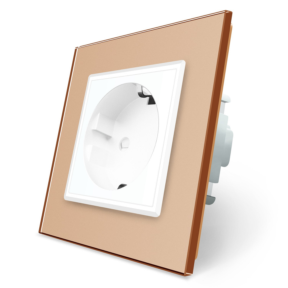 LIVOLO Електрична розетка з заземленням LIVOLO, біла з золотою рамкою, шторки, скло, 250В 16А ( Коломия - фото 1