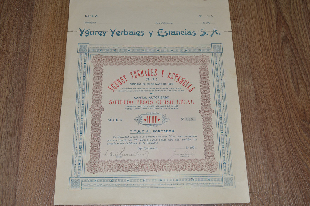 Акція. Ygurey Yerbales y Estancias S. A. 1926 рік №849 (28) 38*30 Полтава - фото 1