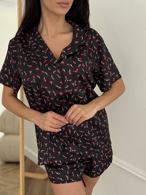 Піжама жіноча з сатину з шортами і сорочкою Чорний XL-2XL Харків - фото 4