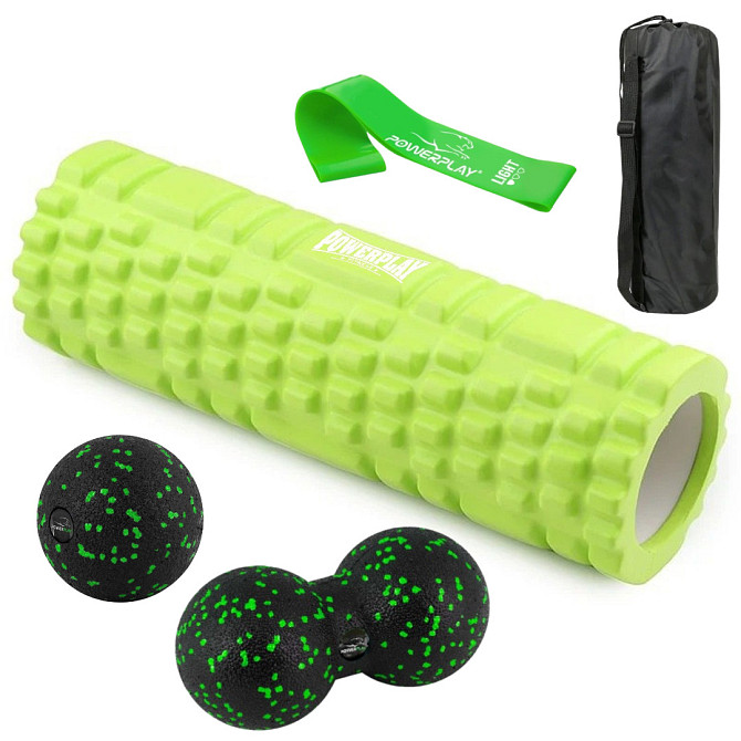 Набір для масажу та йоги PowerPlay PP_4097 (Ролик 30*10 + 2 м'ячі) Green + гумка 5.5 кг. Кам'янське - фото 1