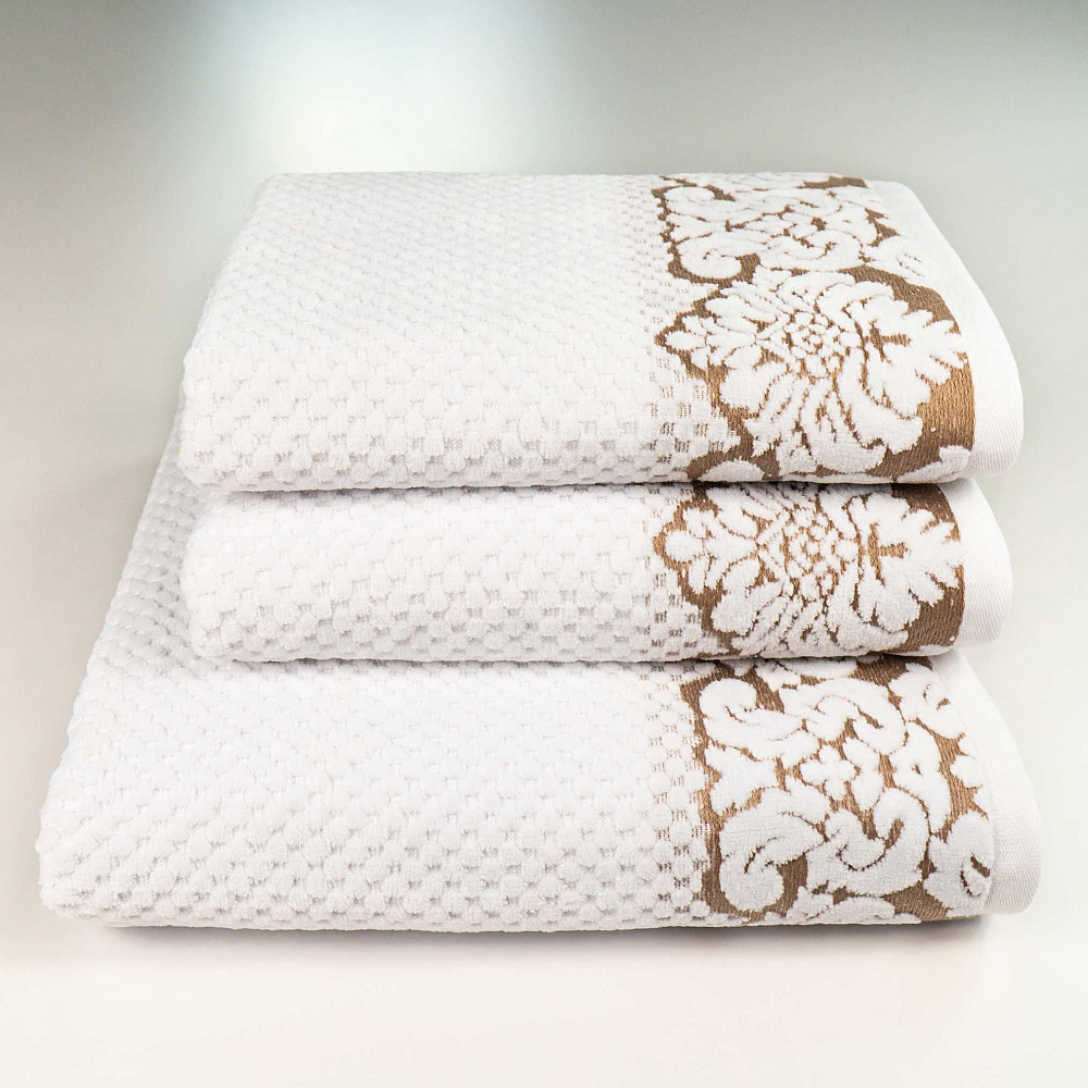 Набор махровых полотенец 3шт 50x90см, 50x90см, 70x140см Damask Премиум качества Жаккардовое с велюром 550г/м2 (Белый) Сумы - изображение 1