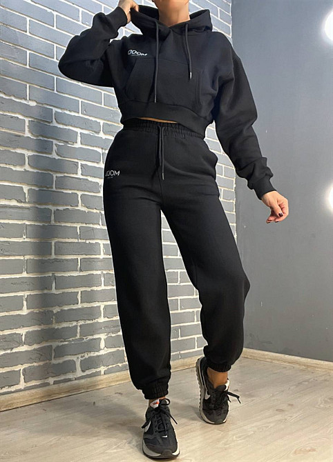 Костюм жіночий Quzen 493-497 укорочене худі з капюшоном MOOD брюки резинка фліс утеплений чорний, чорний, L Київ - фото 10