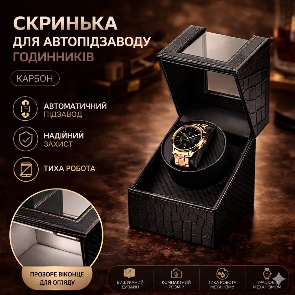 Ротомат, Віндер, Скринька для автопідзаводу годинника (Watch Winder) для автопідзаводу годинника, 1 слот, тихий мотор, екошкіра Київ - фото 1