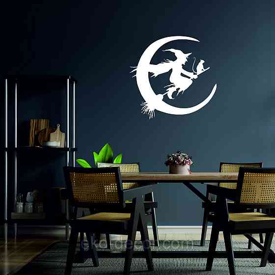 Декоративное настенное Панно «Ведьма на метле с котом», Декор на стену 90*86 см, Белый Киев