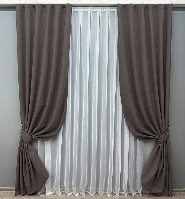 Комплект готових штор VR-Textil Льон блекаут № 1722ш Сіро-коричневий 100х270 см 2 шт (31-955) Київ - фото 2