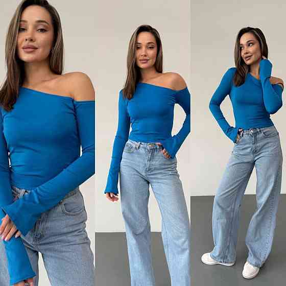 Женский стильный лонгслив с открытым плечом турецкий микродайвинг Голубой, 46/48 Одесса