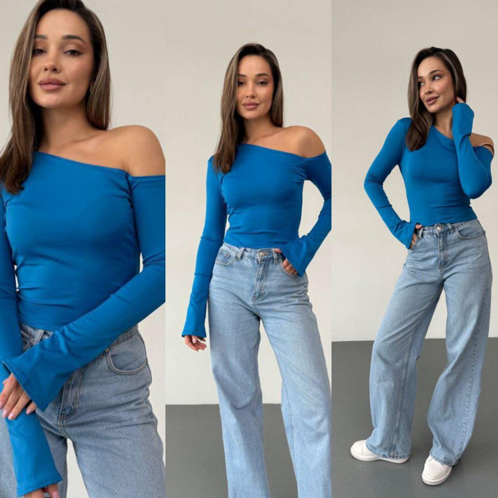 Женский стильный лонгслив с открытым плечом турецкий микродайвинг Голубой, 46/48 Одесса - изображение 1