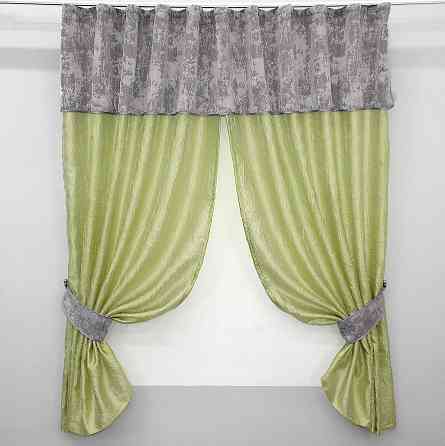 Кухонные шторы VR-Textil № 073к с ламбрекеном и подхватами салатовый с серым 270х150 см (59-594 Киев