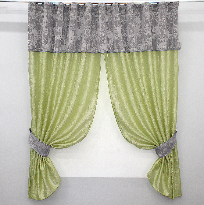 Кухонные шторы VR-Textil № 073к с ламбрекеном и подхватами салатовый с серым 270х150 см (59-594 Киев - изображение 1