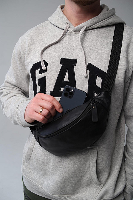 Чоловіча сумка на пояс (бананка) з натуральної шкіри SL008 (Чорна) Суми - фото 6