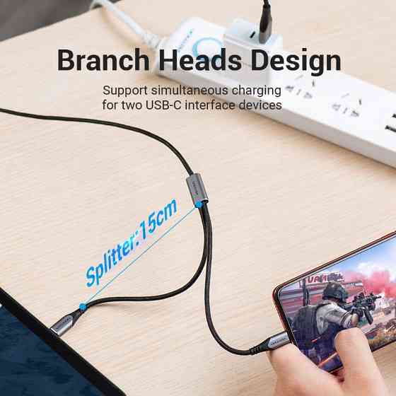 Кабель USB 2.0 AM - 2хType-C M, 1.0 м Y-Splitter Charging Cable 2.4А 480Mbps Aluminum Alloy Vention Вінниця