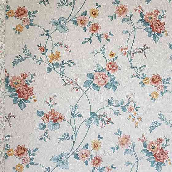 Шпалери вінілові на флізелін 0.53х10.05м Rasch Textil Petite Fleur 5.квіти троянди бордо кремові блакитні на білому Київ