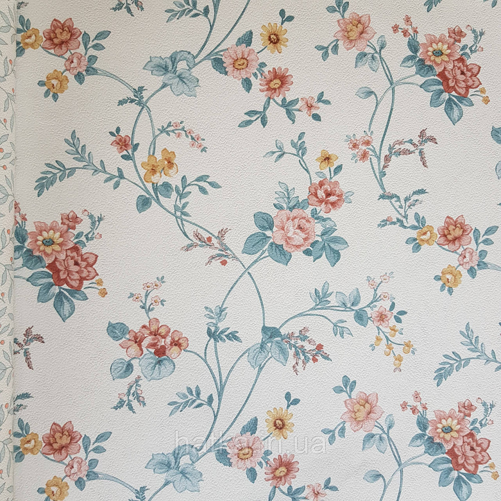 Шпалери вінілові на флізелін 0.53х10.05м Rasch Textil Petite Fleur 5.квіти троянди бордо кремові блакитні на білому Київ - фото 1
