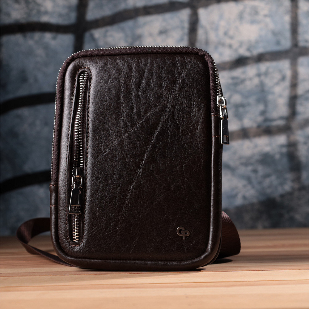 Чоловіча прямокутна сумка бананка з гладкої натуральної шкіри GRANDE PELLE 22880 Коричневий Київ - фото 10